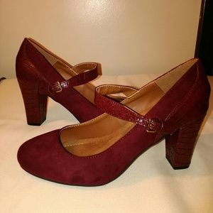 Berry red suede and crocodile strap pumps